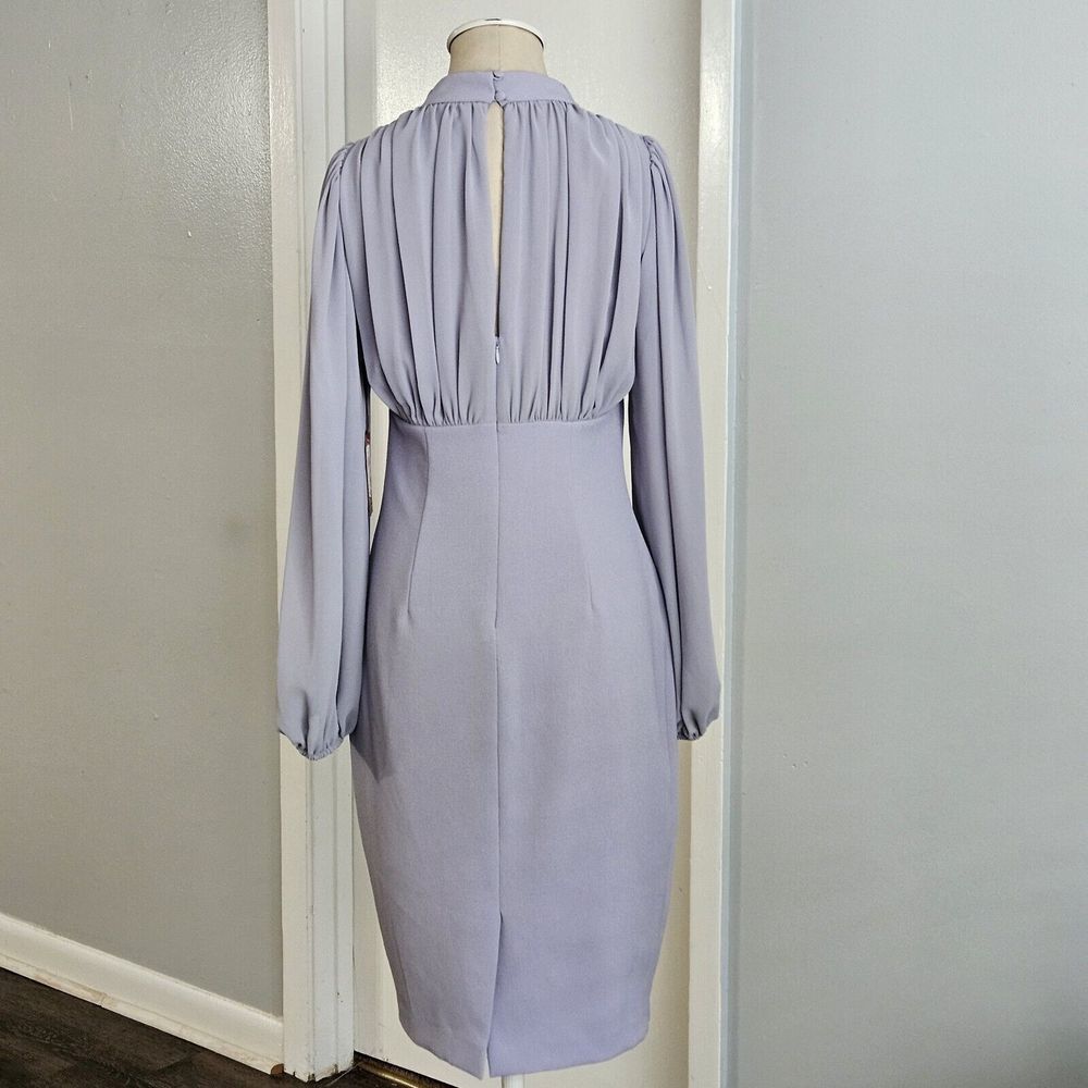 Vince Camuto $158 Grey V-Neck Long Chiffon Sleeve Crepe Sheath Dress Size 6 - Picture 3 of 10